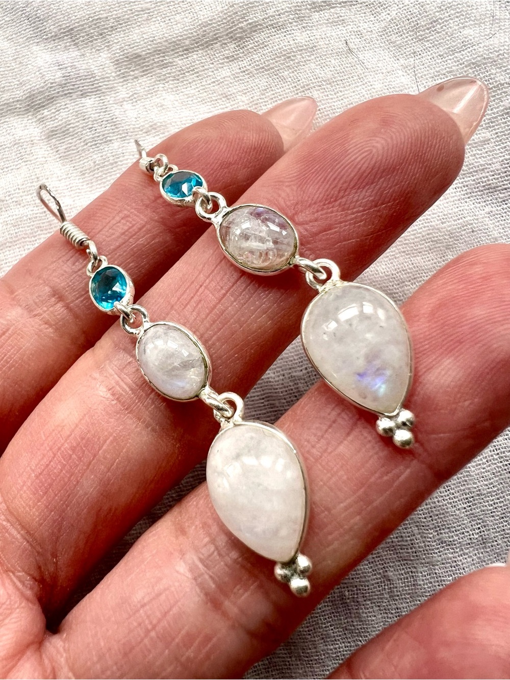 925 Ethereal Moonstone + Swiss Blue Topaz Long Earrings - Picture 7 of 7